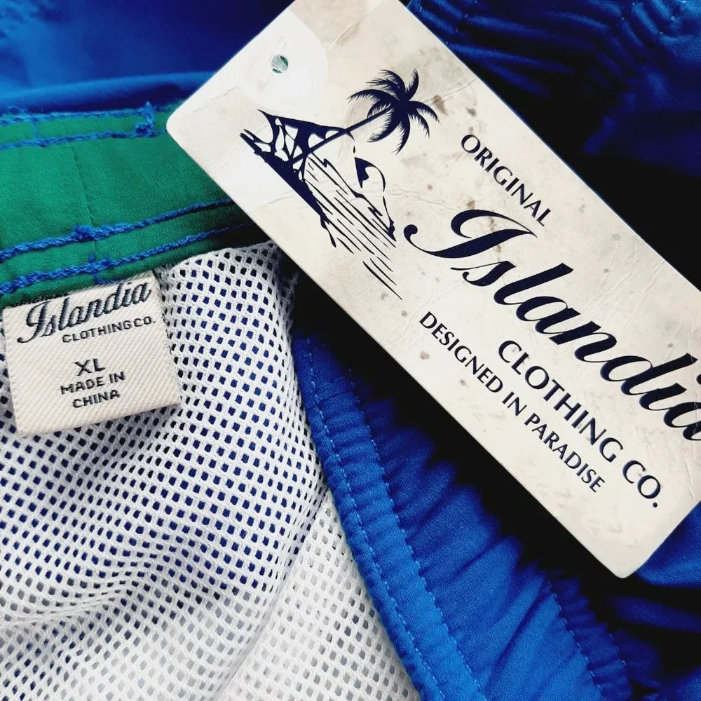Islandia Mens Swim Trunks Shorts Size XL Blue Green White Print Mesh Lined